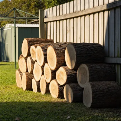 Firewood rounds along the fence, Wollongong